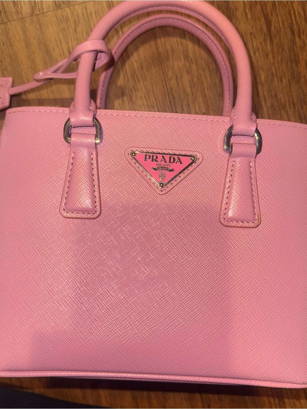 Prada Pink Saffiano Satchel with Triangular Logo Plaque